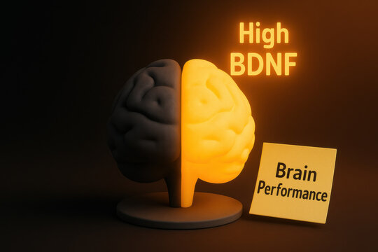 Split brain concept showing high BDNF for brain performance. glowing active side contrasts with an inactive dark side, symbolizing mental clarity and cognitive potential