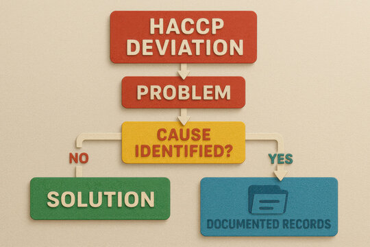 Confident layered art flowchart for deviation procedure showing decision tree of corrective action flowing from problem systematic analysis to reassuring solution, HACCP