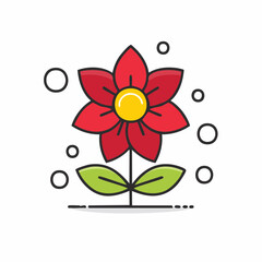 Fototapeta premium Stylized Red Flower with Yellow Center and Green Leaves