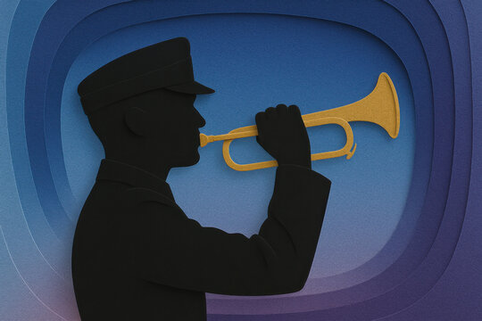 Soldier silhouette playing taps on bugle for patriotic memorial day. somber illustration of military honor and remembrance for fallen hero on this solemn occasion