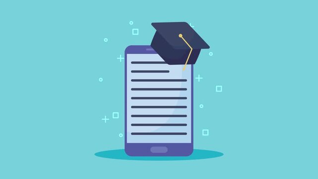 Smartphone with graduation hat and paper shows online education or e-learning concept, dynamic motion graphic animation.