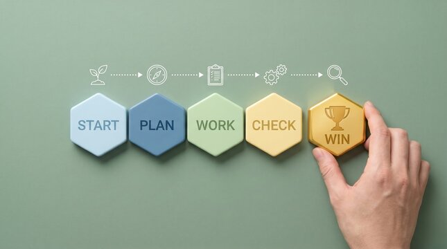 Business process flow with hexagon tiles on green surface workflow planning business management strategy execution