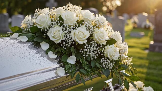 Floral arrangement on a casket in a cemetery ideal for sleek commercial backgrounds and title sequences
