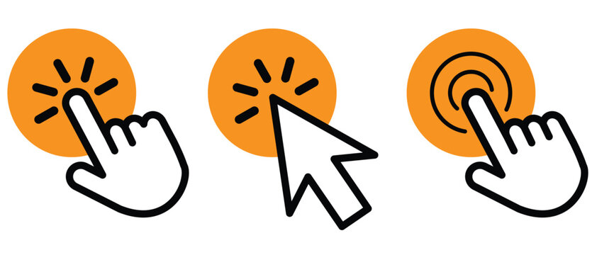 Three hand cursor icons showing different click actions in orange and white