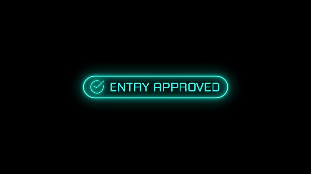 Futuristic cyan glowing neon HUD Entry Approved interface element with a checkmark icon isolated on a black background perfect for sci-fi user interfaces security system graphics and cyber access