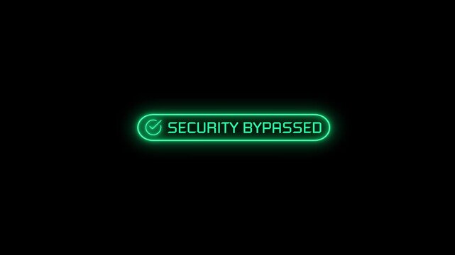Futuristic HUD element displaying a glowing green Security Bypassed notification with a checkmark icon on a solid black background. Ideal for cyber security, hacking, system infiltration