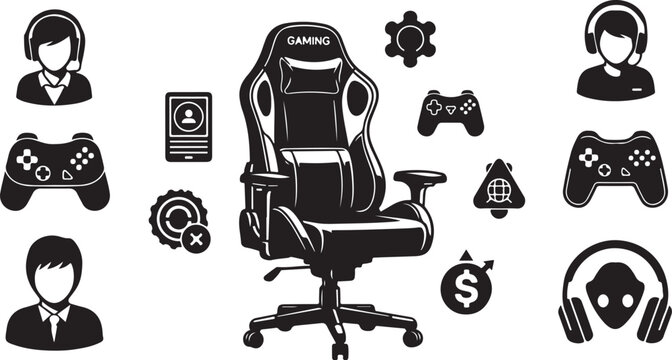 Gaming Chair and Accessories Icon Set Design