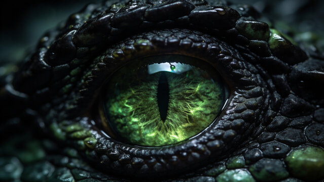 Extreme close up of a mythical creature's eye, with a glowing iris and a vertical pupil blinking slowly in the dark, surrounded by black scaly skin