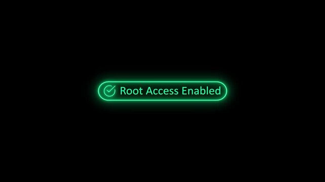 Glowing neon green UI notification displaying Root Access Enabled with a checkmark icon against a black background representing system administration cybersecurity hacking superuser privileges
