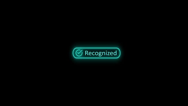 Futuristic neon glowing recognized button with checkmark icon for biometric security identification and digital access verification on black background.