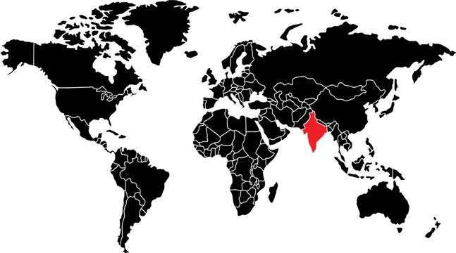 World Map Silhouette with India Highlighted in Red - South Asia Location Vector Map