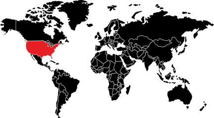 World Map Silhouette with United States of America (USA) Highlighted in Red © vector designer