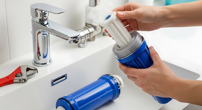 Hands replacing water filter cartridge replacement