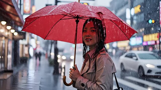 Young woman holding red umbrella in rainy city street at night.
