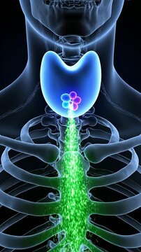 Detailed Neon-Lit Anatomical Illustration of Parathyroid Gland and Calcium Molecule Interactions in Human Body