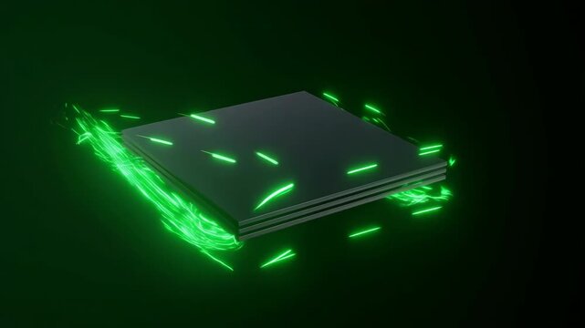 Futuristic 3D animation of green energy particles flowing around a microchip