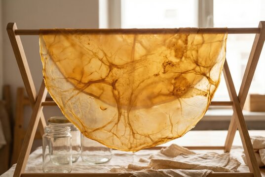 Detailed close up of translucent amber kombucha scoby leather on wooden rack