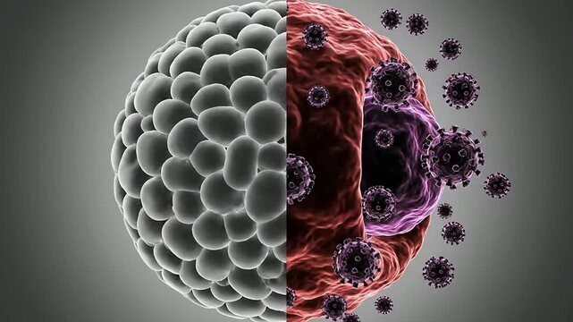 Digital Illustraion of Cancer Cells and Virus Interaction With Microscopic Detail on Dark Gradient Background