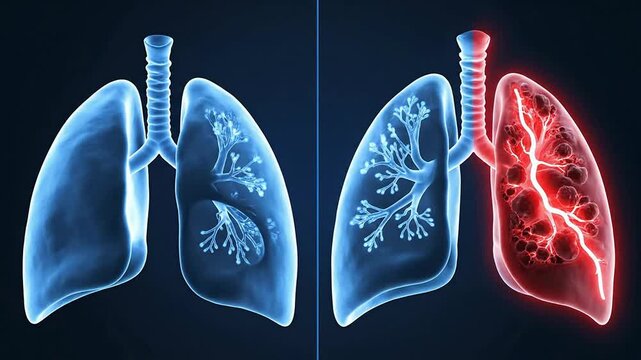 Digital Illustration Comparing Healthy Lungs with Inflamed Lungs on Dark Background for Medical Visual Education and Health Awareness