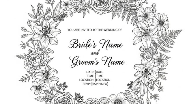 Elegant Floral Wreath Wedding Invitation Design with Names.