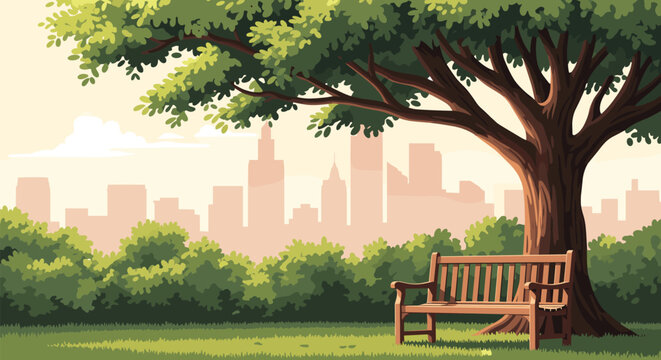 Peaceful scene of a wooden bench sitting under the shade of a large tree in a park with a hazy city skyline in the background.