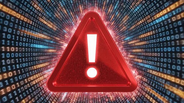 Warning sign in digital tunnel representing the seamless integration of human and machine