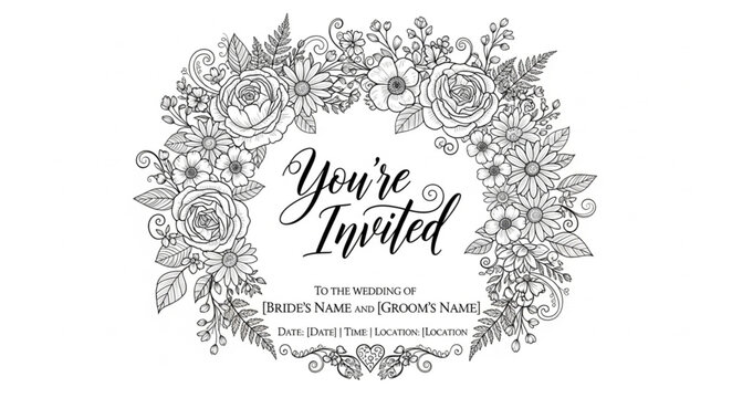 Elegant floral wreath with handwritten invitation text.