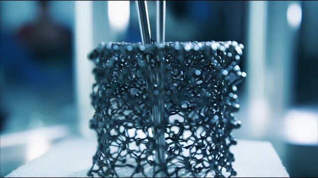 Engineers are using tweezers to manipulate a complex 3d printed carbon lattice structure, demonstrating advanced additive manufacturing techniques in material science research and development