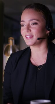 Headset, crm and call center with business woman in office for debt collection, contact us and night. Payment advisor, account agent and overtime with person and microphone in financial firm for chat