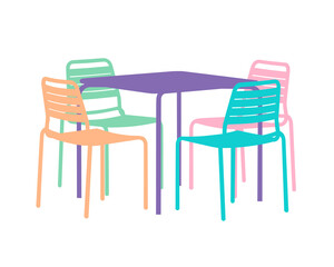 Fototapeta premium Colorful silhouettes outdoor table and chairs isolated on transparent background