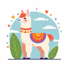 Obraz premium Cute Cartoon Llama with Colorful Blanket and Festive Decorations