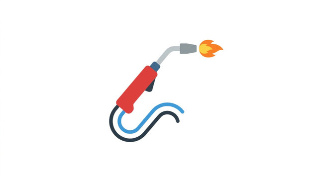 A welding torch with a flame ignites, featuring a red handle and blue hose against a clean, isolated white background, conveying industrial power