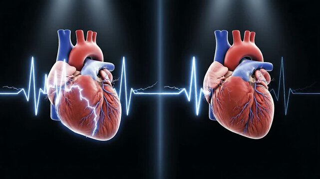 Dynamic 3D Rendered Human Heart Anatomical Visualization With Pulse Lines in Split View Against Dark Background