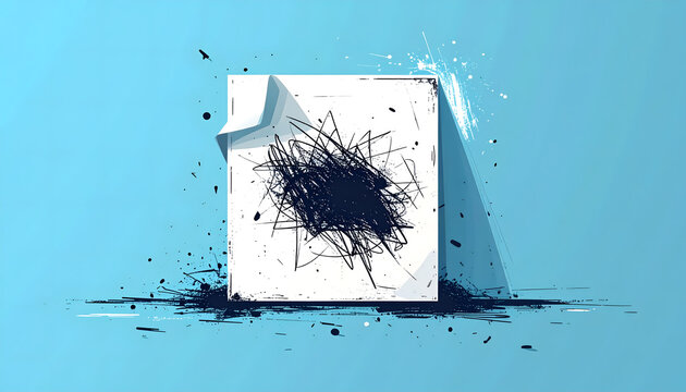 White square illustration with scribbled black lines and folded corner on blue background capturing the raw creative songwriting process generative AI