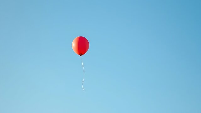 A single red balloon floating upwards in a clear blue sky, its untied string gently swaying.