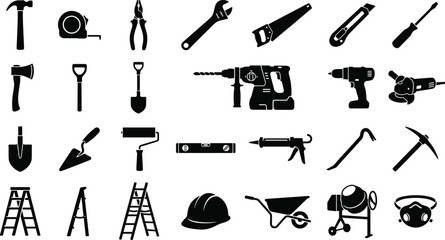 Construction tools silhouette icon collection including hammer drill wrench saw ladder trowel helmet wheelbarrow and concrete mixer for hardware store logo © Neel