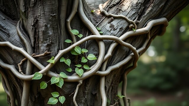 Close-up of thick twisting vines enveloping and deforming trunk of old tree, focus on texture.