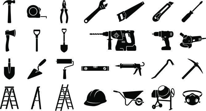 Construction tools silhouette icon collection including hammer drill wrench saw ladder trowel helmet wheelbarrow and concrete mixer for hardware store logo