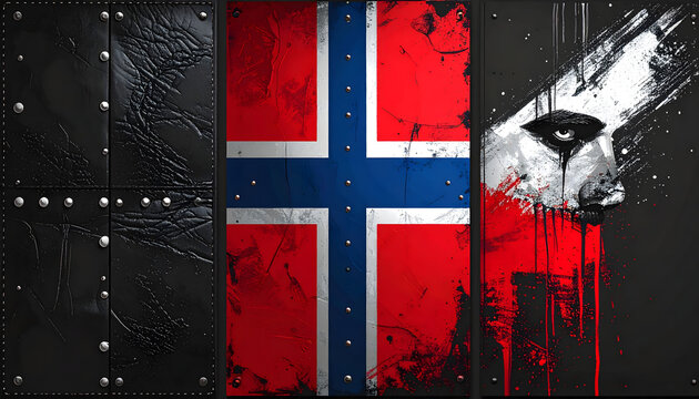 Triptych of vertical panels with black leather silver studs norwegian flag and corpsepaint brushstroke in a modern minimalist heavy metal generative AI