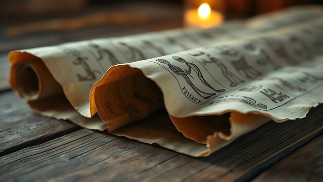 Aged papyrus scroll with faded hieroglyphs on wooden table.
