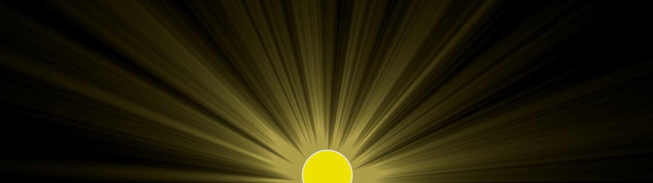 Golden sun rays shining from bottom with bright circular light source on deep black background.
