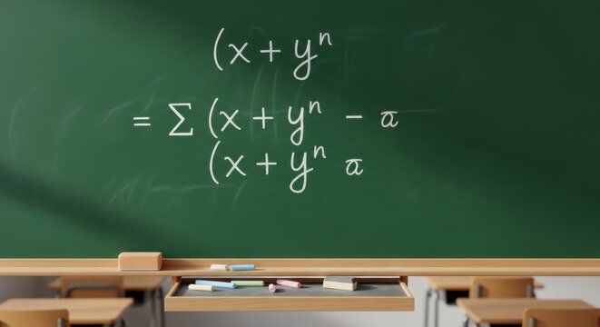 A chalkboard displays complex mathematical equations in classroom setting with desks