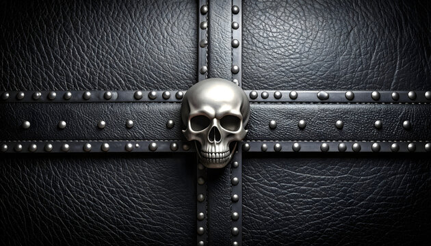 Viking shield cross of the norwegian flag made of silver metal studs on black leather with a corpsepaint skull center generative AI