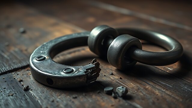 Extreme close-up of a broken metal shackle on rough wooden floorboards.