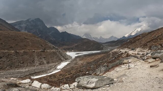 Footage while walking in Sagarmatha national park on the way to Lobuche village (4,940 m) a high-altitude settlement situated in the Khumbu region of Nepal.