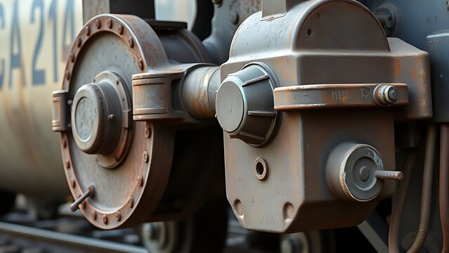 Rusted iron brake shoes clamped tightly against a steel train wheel.