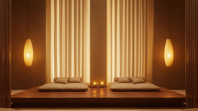 Minimalist bedroom interior providing a serene atmosphere, featuring soft lighting from pendant lamps, neutral tones, a platform bed, and floor cushions for ultimate relaxation and coziness
