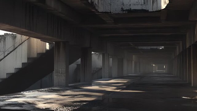Derelict concrete structure with rows of columns and stairs, sunlight slicing through to cast long shadows and puddle reflections, evoking urban decay and desolation