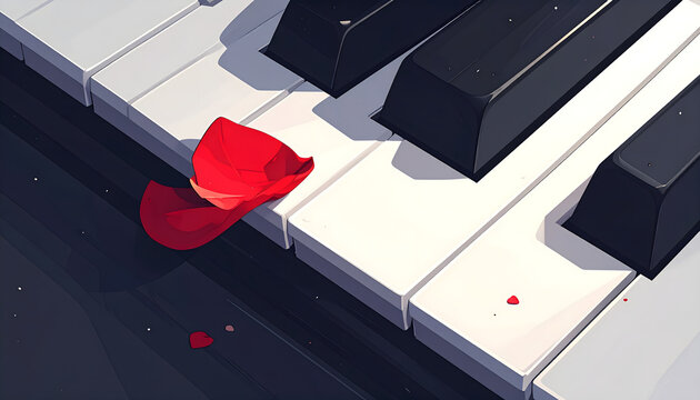 Piano key with a single red rose petal on a white surface representing the soulful craft of piano led ballads generative AI