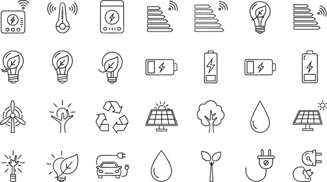 Renewable Energy Line Icon Set With Batteries, Solar Panels, Recycling, Wireless Power, and Eco Technology Symbols